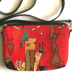 Art lovers BELGIAN TAPESTRY Hand Finished KANDINSKY For & Against, Lined Clutch / Evening Bag 23CM X 16CM, detachable leather shoulder strap