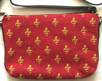 BELGIAN TAPESTRY Hand Finished Golden Fleur de Lys on Red, Fully Lined Clutch / Evening Bag 23CM X 16CM, detachable leather shoulder strap