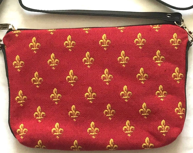 BELGIAN TAPESTRY Hand Finished Golden Fleur de Lys on Red, Fully Lined Clutch / Evening Bag 23CM X 16CM, detachable leather shoulder strap