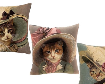 Set of 3 Belle Epoque Cat Covers, BELGIAN Belgium Jacquard WOVEN Hand Finished Tapestry Pillow Cushion Cover 46cm, 18", black velvet reverse