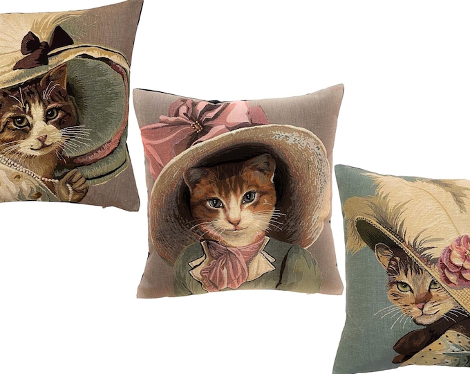 Set of 3 Belle Epoque Cat Covers BELGIAN Belgium Jacquard WOVEN Hand Finished Tapestry 18" Pillow Cushion Covers, beige/cream velvet reverse