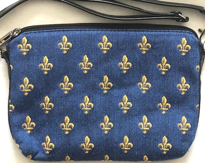 BELGIAN TAPESTRY Hand Finished Golden Fleur de Lys on Blue, Fully Lined Clutch / Evening Bag 23CM X 16CM, detachable leather shoulder strap