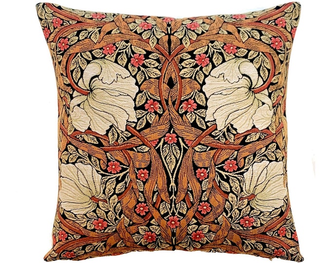 BELGIAN Jacquard WOVEN Hand Finished 47cm x 47cm 18" x 18" William MORRIS Pimpernel Design Tapestry Pillow Cushion Cover, Tobacco 607
