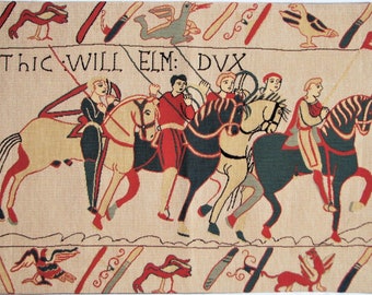 Reproduction of part of BAYEUX tapestry, 19" x 26", 48cm x 66cm BELGIAN jacquard woven tapestry wall hanging, fully lined + rod sleeve
