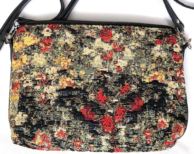 Maison MONET Pattern, Art lovers BELGIAN TAPESTRY Hand Finished Lined Clutch Evening Bag 23cm X 16cm, detachable leather shoulder strap