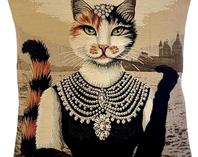 Audrey Hepburn Cat, French Hand Finished Tapestry Pillow Cushion Cover With Zip & beige/cream Cotton Reverse, 44cm x 44cm, 17" x 17"