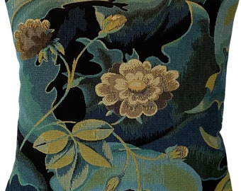 BELGIAN WOVEN Hand Finished 47cm x 47cm 18" x 18" Heavy Duty Tapestry Cushion Pillow Cover, Forest With Flowers, Beige Velvet/Flock Back