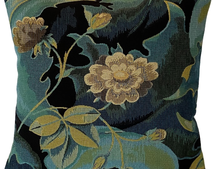 BELGIAN WOVEN Hand Finished 47cm x 47cm 18" x 18" Heavy Duty Tapestry Cushion Pillow Cover, Forest With Flowers, Beige Velvet/Flock Back
