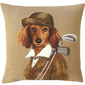 Lady Spaniel Golfista con Mazze da Golf, Federa per Cuscino in Tessuto Jacquard BELGA rifinita a Mano + Cerniera, 46 cm, 18", 2876B