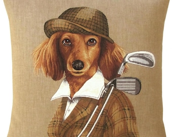 Lady Spaniel Golfer with Golfing Clubs, BELGIAN Jacquard WOVEN Hand Finished Tapestry Pillow Cushion Cover + Zip, 46cm, 18", 2876B