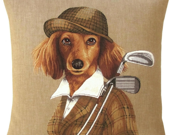 Lady Spaniel Golfer with Golfing Clubs, BELGIAN Jacquard WOVEN Hand Finished Tapestry Pillow Cushion Cover + Zip, 46cm, 18", 2876B