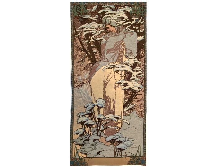 Hand Finished 45cm x 100cm FRENCH GOBELIN Tapestry Wall Hanging of Alphonse MUCHA'S Seasons Hiver / Winter, fully lined with rod sleeve