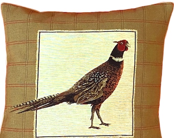 Pheasant With Tail Down Facing Right BELGIAN JACQUARD WOVEN Hand Finished Fauve Fine Arts Tapestry Cushion Pillow Cover with Zipper 46cm 18"