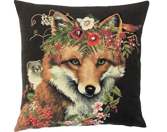 BELGIAN JACQUARD WOVEN Hand Finished Forest Animals Fauve Fine Arts Tapestry Cushion Cover, Fox With Stoat & Bird, 46cm x 46cm, 18" x 18"