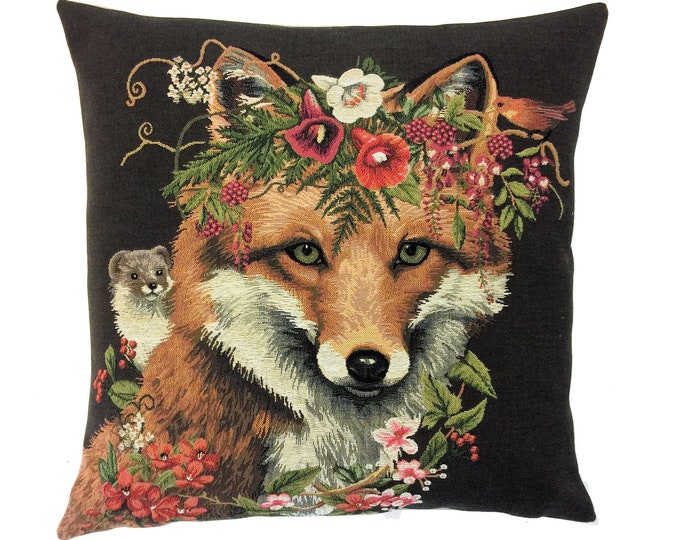 BELGIAN JACQUARD WOVEN Hand Finished Forest Animals Fauve Fine Arts Tapestry Cushion Cover, Fox With Stoat & Bird, 46cm x 46cm, 18" x 18"