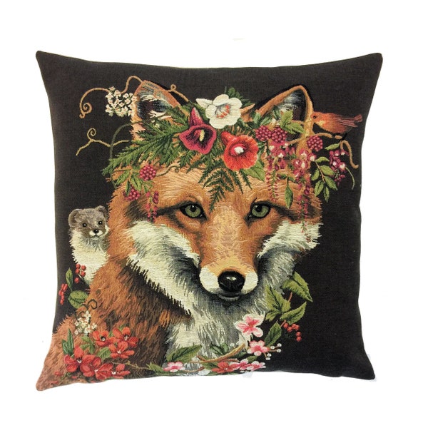 BELGISCHER JACQUARD-GEWEBTER, handveredelter Waldtiere-Fauve-Kunstteppich-Kissenbezug, Fuchs mit Hermelin und Vogel, 46 cm x 46 cm, 18 "x 18"