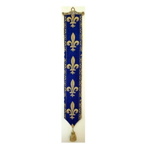 BELGIAN WOVEN Fleur de Lys fully lined TAPESTRY Bell Pull Wall Hanging with Brass Hanger and Tassel, 9300/33 Blue