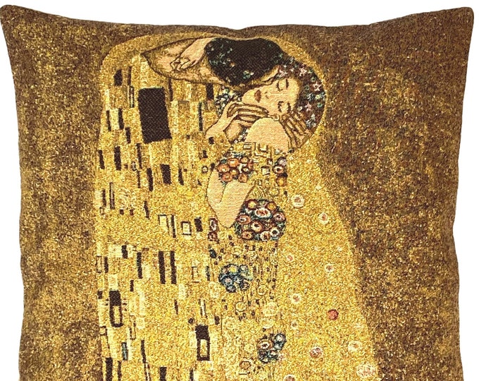 Gustav KLIMT The Kiss BELGIAN Belgium Jacquard WOVEN Hand Finished Tapestry Pillow Cushion CoverWith Gold Lurex, 46cm x 46cm, 18" x 18"