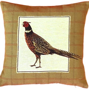 Pheasant With Tail Down Facing Left BELGIAN JACQUARD WOVEN Hand Finished Fauve Fine Arts Tapestry Cushion Pillow Cover with Zipper, 46cm 18&quot;