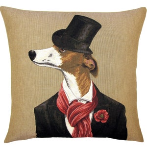Gentleman Whippet con cravatta e boutonniere, federa per cuscino in tessuto jacquard BELGA rifinita a mano, 46 cm x 46 cm 18" x 18", 2873B