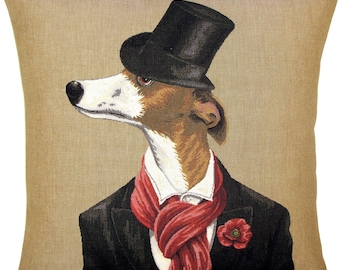 Gentleman Whippet with Cravat & Boutonniere, BELGIAN Jacquard WOVEN Hand Finished Tapestry Pillow Cushion Cover 46cm x 46cm 18" x 18", 2873B