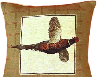 Pheasant Flying BELGIAN JACQUARD WOVEN Hand Finished Fauve Fine Arts Tapestry Cushion Pillow Cover with Zipper, 46cm x 46cm, 18" x 18"