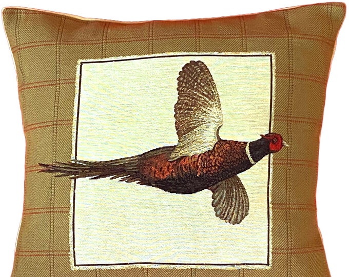 Pheasant Flying BELGIAN JACQUARD WOVEN Hand Finished Fauve Fine Arts Tapestry Cushion Pillow Cover with Zipper, 46cm x 46cm, 18" x 18"