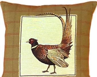 Pheasant With Tail Up BELGIAN JACQUARD WOVEN Hand Finished Fauve Fine Arts Tapestry Cushion Pillow Cover with Zipper, 46cm x 46cm, 18" x 18"