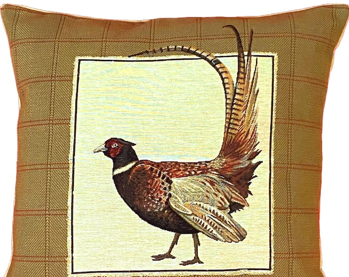 Pheasant With Tail Up BELGIAN JACQUARD WOVEN Hand Finished Fauve Fine Arts Tapestry Cushion Pillow Cover with Zipper, 46cm x 46cm, 18" x 18"