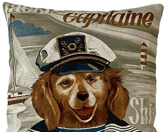 Captain Sea dog Capitaine, BELGIAN JACQUARD WOVEN Hand Finished Tapestry Pillow Cushion Cover, 17" x 17" 43cm x 43cm