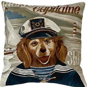 Captain Sea dog Capitaine, BELGIAN JACQUARD WOVEN Hand Finished Tapestry Pillow Cushion Cover, 17&quot; x 17&quot; 43cm x 43cm
