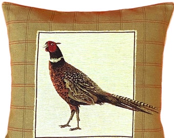 Pheasant With Tail Down Facing Left BELGIAN JACQUARD WOVEN Hand Finished Fauve Fine Arts Tapestry Cushion Pillow Cover with Zipper, 46cm 18"