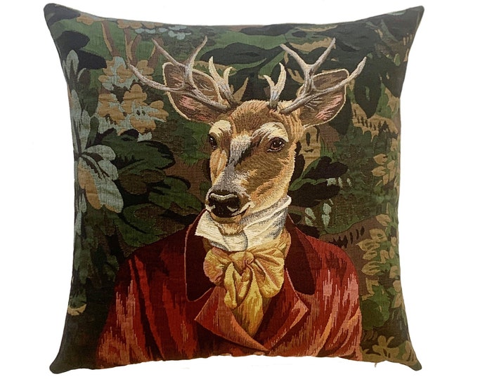 BELGIAN WOVEN Hand Finished 47cm x 47cm 18" x 18" Tapestry Cushion Pillow Cover, Verdure Stag Deer in Red Jacket, Black Velvet/Flock Back