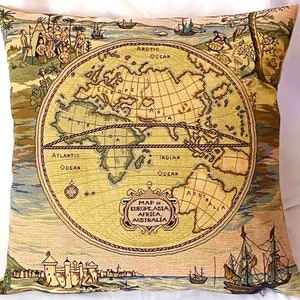 Mapa del mundo antiguo con escenas Bélgica belga tejido jacquard tejido hecho a mano tapiz cojín funda almohada con cremallera, 47cm X 47cm 18.5" X 18.5"