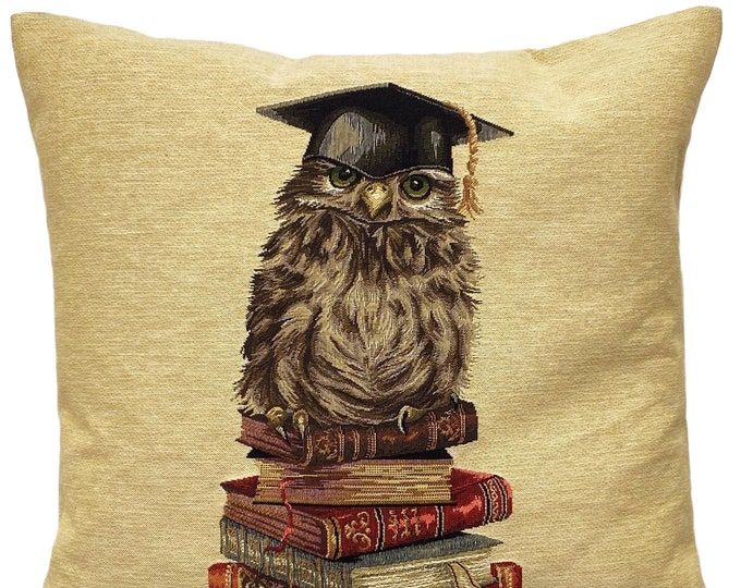 Owl with Books BELGIAN JACQUARD WOVEN Hand Finished Fauve Fine Arts Tapestry Cushion Pillow Cover with Zipper, 46cm x 46cm, 18" x 18"