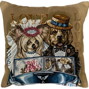 Just Married Love Dogs, federa per cuscino con arazzo in tessuto jacquard belga rifinito a mano, 43,2 x 43,2 cm 43 cm x 43 cm