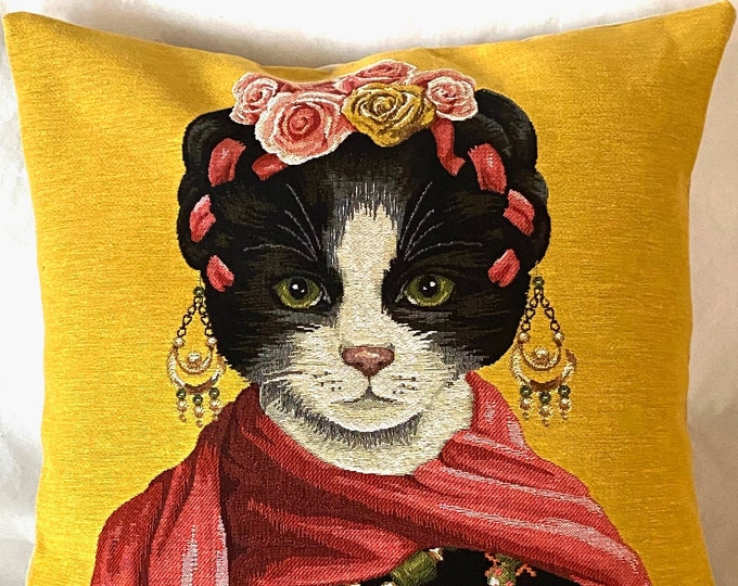 Frida KAHLO Cat, BELGIAN Belgium Jacquard WOVEN Hand Finished Tapestry Pillow Cushion Cover, 46cm x 46cm, 18" x 18"