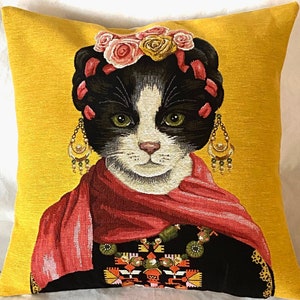 フリーダ カーロ 猫、ベルギー ジャカード織り 手仕上げ タペストリー 枕 クッション カバー、46 cm x 46 cm、18" x 18"