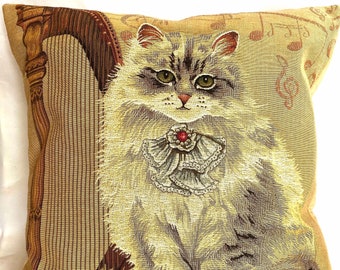 Musical Cat with Harp, BELGIAN Belgium Jacquard WOVEN Hand Finished Tapestry Pillow Cushion Cover, 46cm x 46cm, 18" x 18"