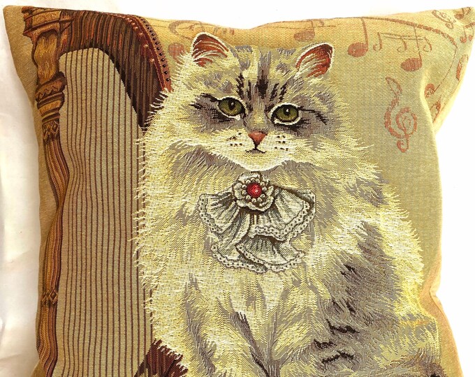 Musical Cat with Harp, BELGIAN Belgium Jacquard WOVEN Hand Finished Tapestry Pillow Cushion Cover, 46cm x 46cm, 18" x 18"