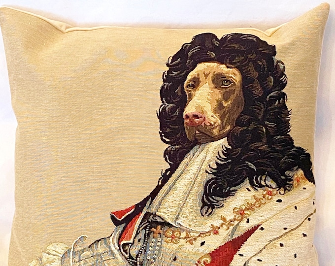 Chocolate Labrador King Louis XIV of France, BELGIAN Jacquard WOVEN Hand Finished Tapestry Pillow Cushion Cover, 46cm x 46cm, 18" x 18"