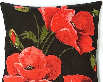 Large Red POPPIES on Black Background, BELGIAN Belgium Jacquard WOVEN Hand Finished Tapestry Pillow Cushion Cover, 46cm x 46cm, 18" x 18"