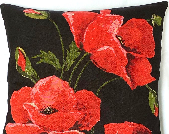 Large Red POPPIES on Black Background, BELGIAN Belgium Jacquard WOVEN Hand Finished Tapestry Pillow Cushion Cover, 46cm x 46cm, 18" x 18"