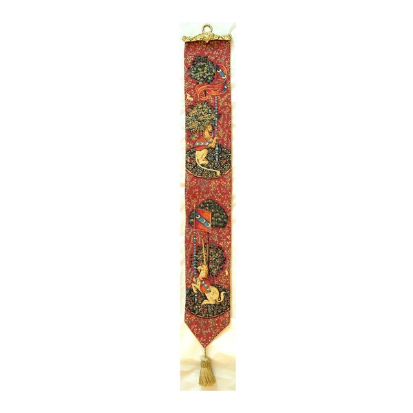 BELGISCHE GEWEVEN Leeuw en de Eenhoorn volledig gevoerd TAPESTRY Bell Pull Wall Hangend met koperen hanger en kwastje, 8327