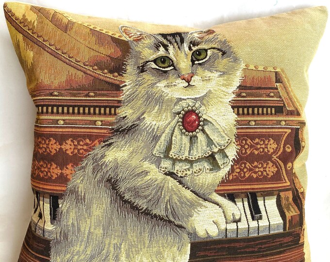 Musical Cat with Piano, BELGIAN Belgium Jacquard WOVEN Hand Finished Tapestry Pillow Cushion Cover, 46cm x 46cm, 18" x 18"