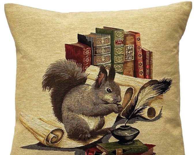 Squirrel with Books BELGIAN JACQUARD WOVEN Hand Finished Fauve Fine Arts Tapestry Cushion Pillow Cover with Zipper, 46cm x 46cm, 18" x 18"