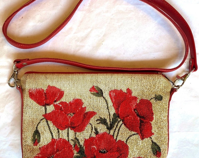 Large Poppies on Beige Background Belgian TAPESTRY Clutch / Formal / Evening Bag 23CM X 16CM with detachable matching leather shoulder strap