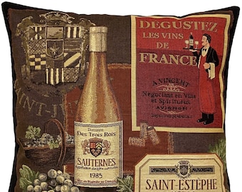 Famous Wines Series, Sauternes, BELGIAN Belgium Jacquard WOVEN Hand Finished Tapestry Pillow Cushion Cover, 45cm x 45cm 18" x 18"