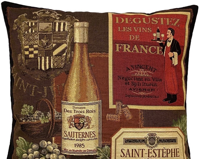 Famous Wines Series, Sauternes, BELGIAN Belgium Jacquard WOVEN Hand Finished Tapestry Pillow Cushion Cover, 45cm x 45cm 18" x 18"