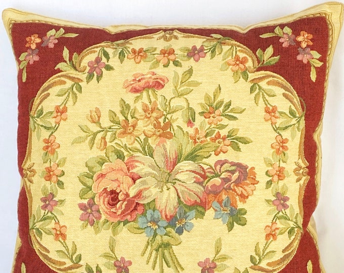 Bouquet of Flowers on Red Background, BELGIAN Belgium Jacquard WOVEN Hand Finished Tapestry Pillow Cushion Cover, 46cm x 46cm, 18" x 18"